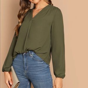 Army Green V-Neck Blouse - US8-10